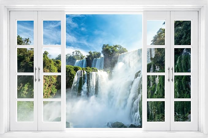 FLFK Fake Window Wall Mural - Nature Scene Waterfall Peel and Stick Decal, 48 x 32 inches, Set of 2 Sheets by FLFK