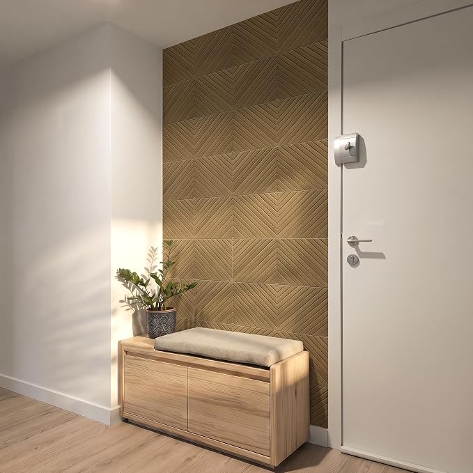 16-Pack Acoustic Wall Panels, 11.8" x 11.8" Peel and Stick PET Diagonal Slat Soundproof & Noise Cancelling Felt with 96 Adhesive Tabs, 3D Textured Sound Absorbing Panels for Home Office, Natural Oak - Image 7