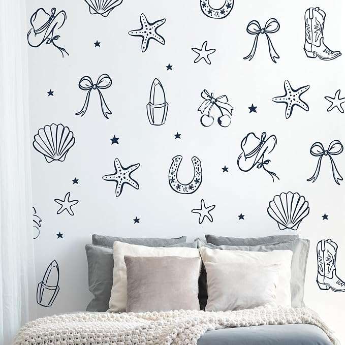Seaside Cowgirl Wall Decals, Peel and Stick Under the Sea Coastal Cowgirl Mural, Western Beach Wall Stickers for Kids, Boys and Girls Room & Nursery Decor (Dark Blue Cowgirl Bow Wall Decals) - Image 6