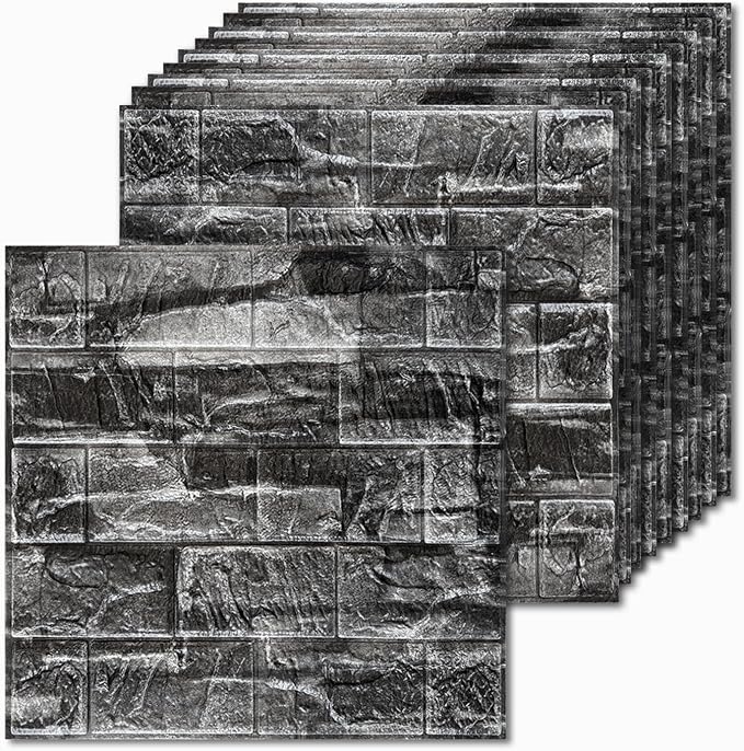 3D Wall Panels Peel and Stick Faux Foam Brick Wallpaper Covering | Rock Black 20 PCS 11.8"×11.8" Self Adhesive Stone Wall Tiles for DIY Interior Wall Decor by Umedol