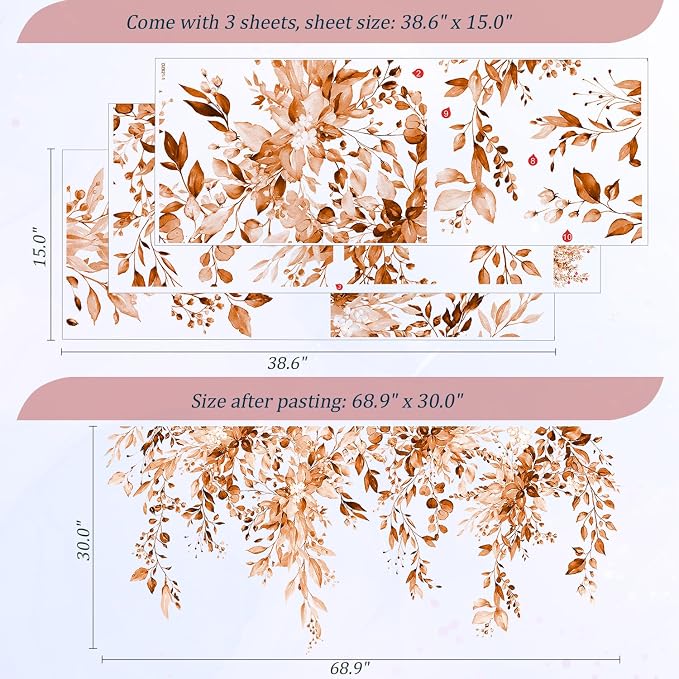 Orange Plants Leaves Wall Decals Peel and Stick, Large Floral Flowers Vinyl Wall Stickers, Removable Vine Home Decor Art for Bedroom Living Room Classroom Office - Image 2