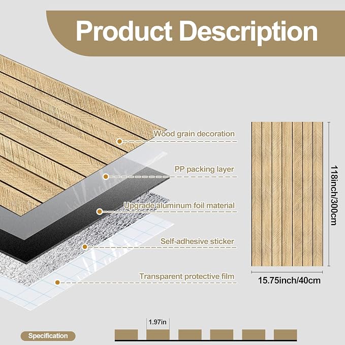 Chejiaye Peel and Stick 3D Wall Panel -15.75"x118"Soundproof Self-Adhesive Wall Sticker, Removable Thick PVC Slat Contact Paper for Kitchen Bedroom,Ceiling Wall Decoration Wood Grain (Dark Brown) - Image 4