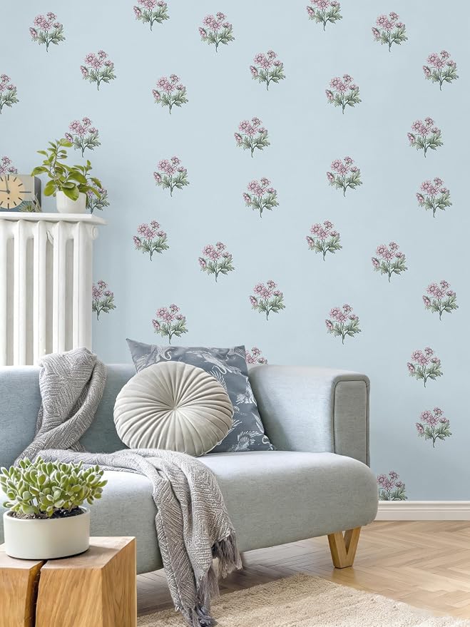 Toduso Peel and Stick Wallpaper Blue Wallpaper with Pink Floral Vintage Contact Paper Flower Removable Self Adhesive Waterproof Wall Paper for Farmhouse Bedroom Bathroom Living Room 17.3" x 78.7" - Image 4