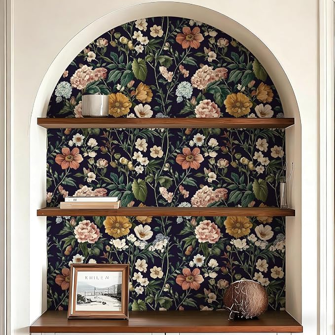 Livebor Floral Peel and Stick Wallpaper Floral Contact Paper 16.9"x196.8" | Dark Flower Wallpaper Neutral Boho Self Adhesive Removable Wall Paper for Cabinets Bathroom Waterproof Decorative Vinyl - Image 6