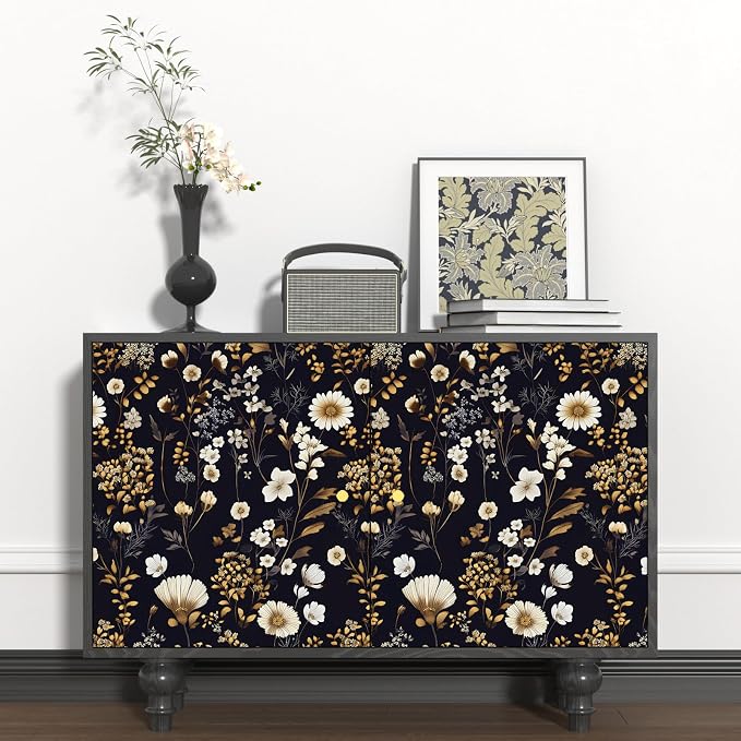 Laatse Dark Floral Gold Leaf Vintage Wallpaper Peel and Stick 17.5''x393'' | Self Adhesive/Removable/Waterproof/Thick Vinyl Contact Paper for Bathroom Bedroom Shelf Cabinet Drawer,Prepasted,Easy Peel - Image 2