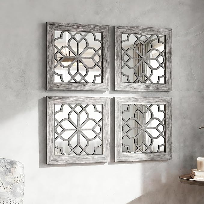 Set of 4 Boho Wall Mirrors with Carved Floral Design, 12x12 Inch Rustic Farmhouse Accent Mirrors, Vintage Style Shatterproof Square Mirror Decor for Living Room, Bedroom(Brown) - Image 2