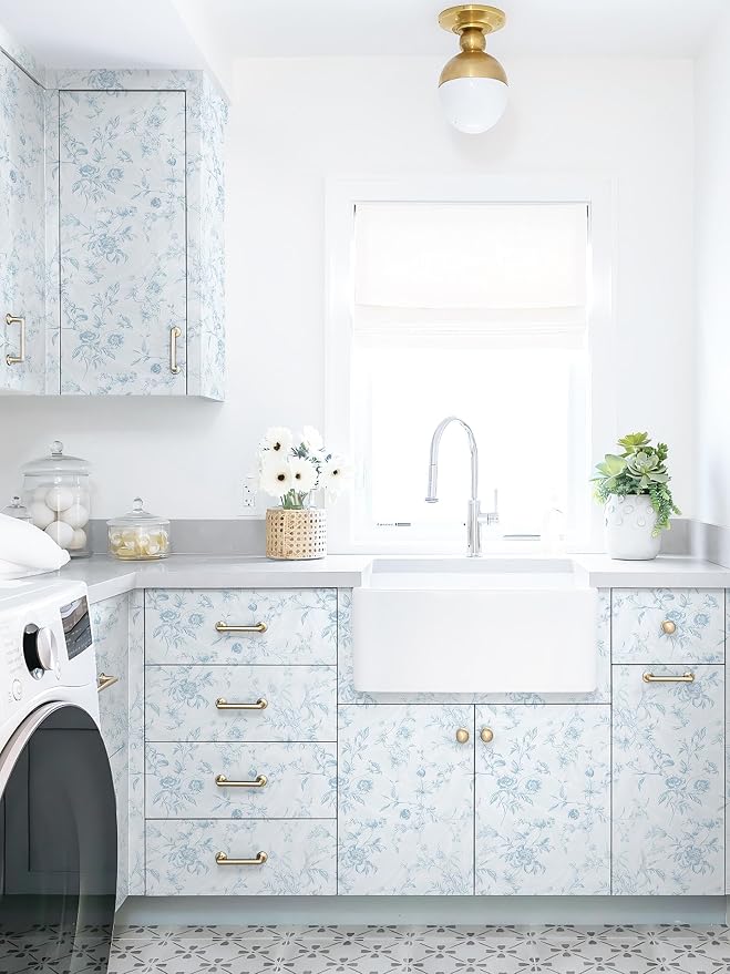 Dimoon 236"x17.3" Blue Wallpaper Floral Peel and Stick Wallpaper Blue Contact Paper Vintage French Country Renter Friendly Bathroom Boho Flower Removable Wall Paper Kitchen Self Adhesive Vinyl Roll - Image 9