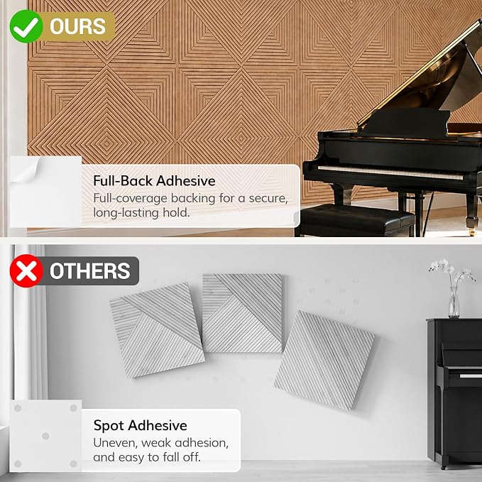 TONOR Acoustic Wall Panels Peel and Stick, 6 Pack 23.6''x23.6''-23.25 sq.ft. High-Density Acoustic Wood Panels Alternative. Soundproof Wall Panels for Interior Wall Decor, Home, Bedroom, Natural Oak - Image 6
