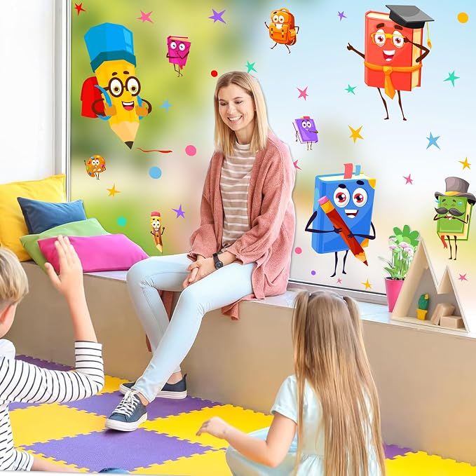 Cartoon Book Window Clings Colorful Double Side Kids Stickers for Classroom | Non-adhesive back to school stickers for glass funny static clings decoration pencil decals for nursery playroom door library - Image 5