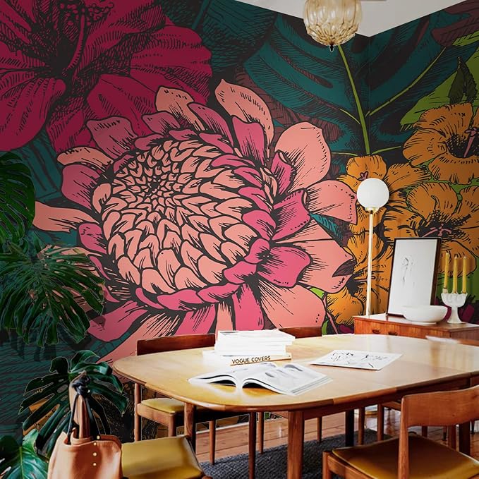 Large Flower Peel and Stick Wall Mural for Bedroom | 92"x125", Large Floral Bohemian Wallpaper, Removable Leather Textured & Water-Resistant, Hallway Old Wall Makeover by Flortlias