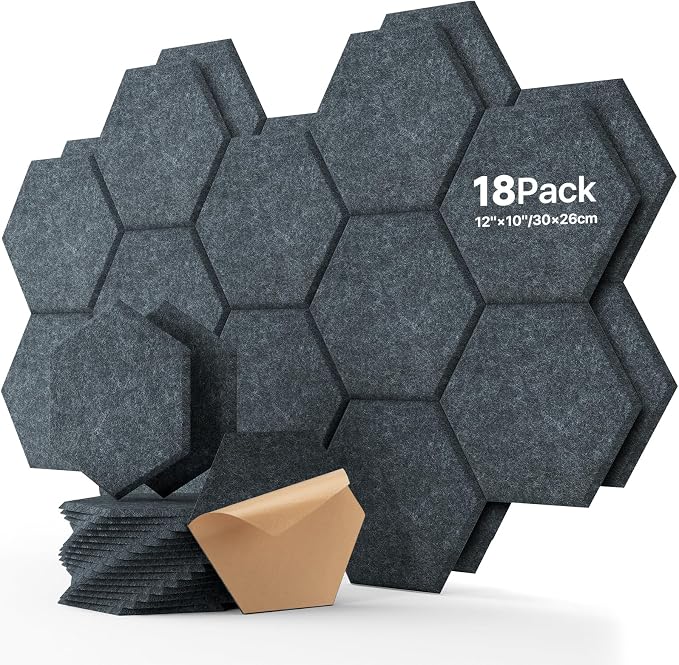 Soundsbay Hexagon Acoustic Panels, Self-Adhesive 18 Pack Sound Panels | 150kg/m³ High-Density Polyester, Covers 15 sq ft Soundproof Wall Panels for Walls, Office, Ceiling 12" X 10" Dark Gray by Soundsbay