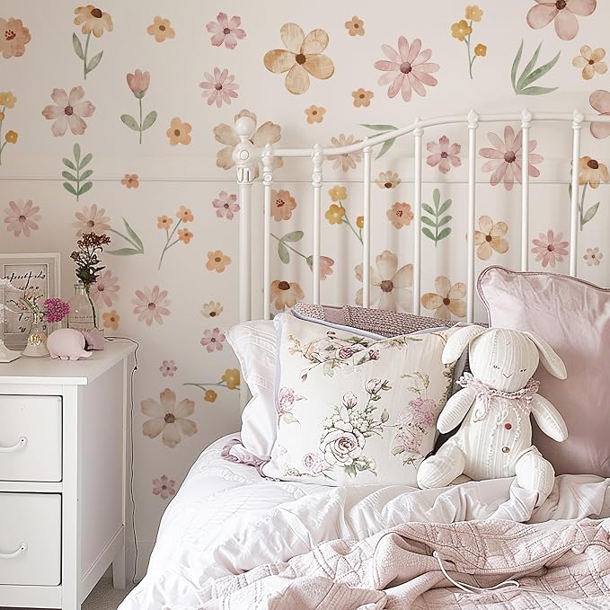 Boho Flower Wall Decals, Pink Watercolor Floral Art Sticker for Girls' Room, Bedroom, Nursery and DIY Cute Wall Decor (Cute Wildflower Decals) - Image 5