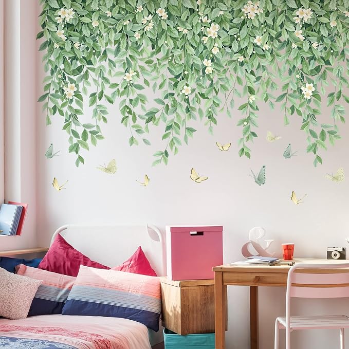 White Flowers Wall Decals Hanging Green Leaves Wall Stickers Butterflies Plants DIY Art Mural Decortions for Kids Baby Girls Bedroom Living Room Offices Nursery Classroom Closet Ceiling Vertex Line (A) - Image 9