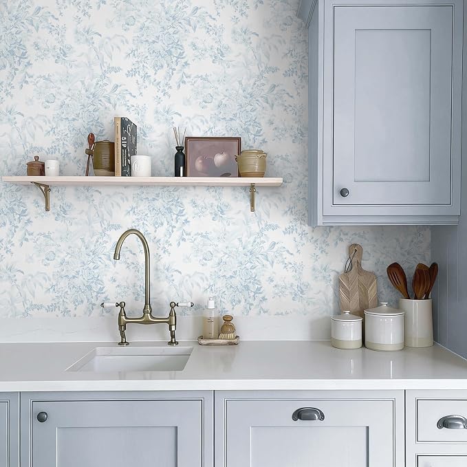 Heroad Blue Peel and Stick Wallpaper Vintage Floral Contact Paper Girly Wallpaper Boho Flower Wall Paper Removable Self Adhesive Stick On Walls for Bedroom Bathroom Waterproof Vinyl Roll 17.3''x196'' - Image 8