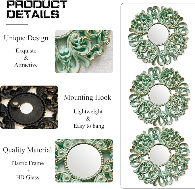 DXYAKY 3 Pack Floral Ornate Decorative Wall Mirror - Elegant Mint Green with Gold Accents, 9.8" Plastic Round Mirror Set, Lightweight Wall Art Décor for Bedroom, Bathroom, Living Room & Entryway - Image 5