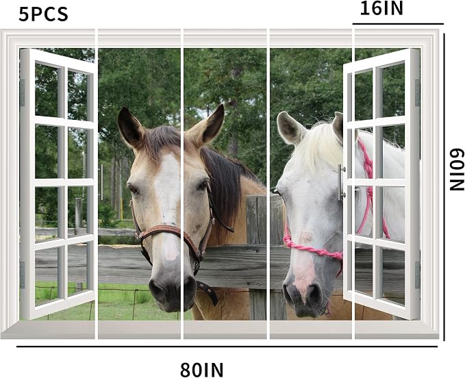 FLFK Fake Window Wall Sticker - Horse Faux Window Wall Mural for Wall Decor, Stick and Peel Wall Decals,80"x60",Set of 5 Sheets - Image 2