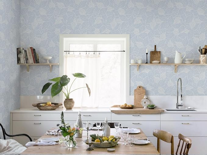 Dimoon Blue Peel and Stick Wallpaper Geometric Contact Paper for Bathroom Kitchen Striped Botanical Stick on Wall Paper Leaf Boho Removable Wallpaper Renter Friendly Vinyl Waterproof 17.3''x197'' - Image 8