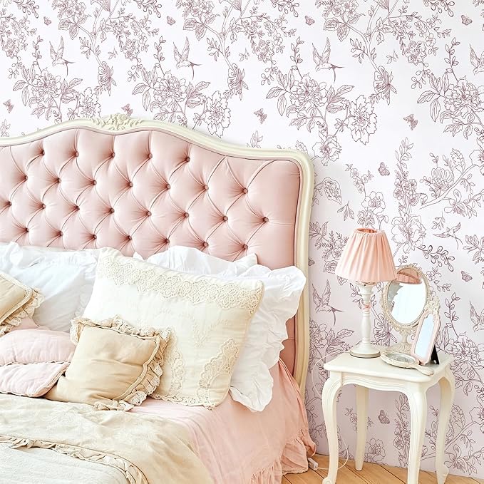 Froluya Floral Peel and Stick Wallpaper Vintage Red White 17.7in×118.1in | Red Floral Contact Paper Peel and Stick Boho Self Adhesive Wallpaper Flowers Birds Removable Wall Paper for Bathroom Decor - Image 3