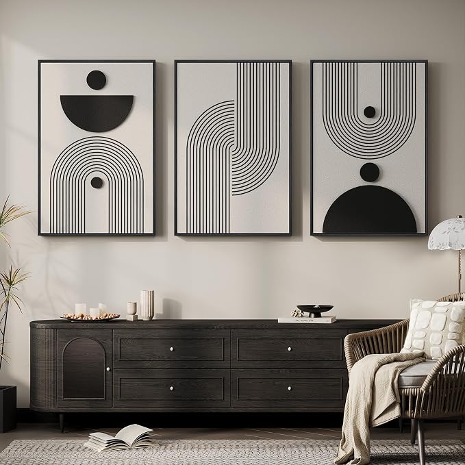 3D Large Framed Black and White Abstract Wall Art for Living Room, 3 Piece | Wood Frames, Sandstone Textured Paintings, Modern Artwork for Walls, 24x36 In Geometric Pictures Wall Decor Bedroom Office - Image 2