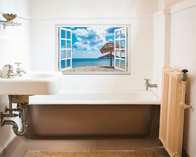 FLFK Fake Window Wall Mural - Ocean Beach Faux Window Wall Sticker for Wall Decor, Peel and Stick Wall Decals,48"x32",Set of 2 Sheets - Image 5