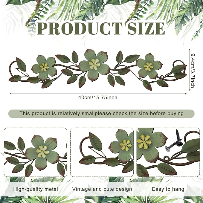 Wesiti Metal Flower Wall Decor Wrought Iron Scroll 15.7x3.7,Green | Vintage Metal Flower decor,Farmhouse Leaf Art with Nails, Flat Not 3D Design, For Bedroom Kitchen Indoor Outdoor Wall Decor - Image 2