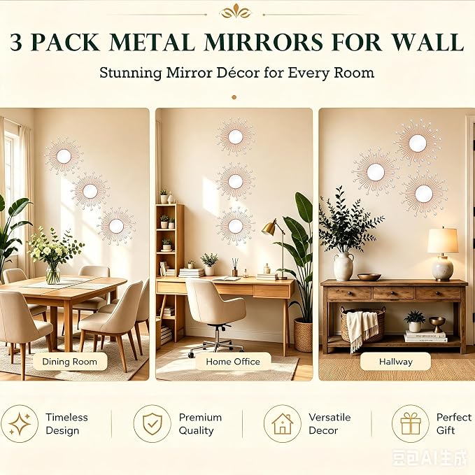 3 Pack Metal Mirrors for Wall Sunburst Wall Mirrors Home Décor Decorative Hanging Wall Art for Living Room Bedroom Entryway (Rose Gold2 Crystal, Sunburst) - Image 5
