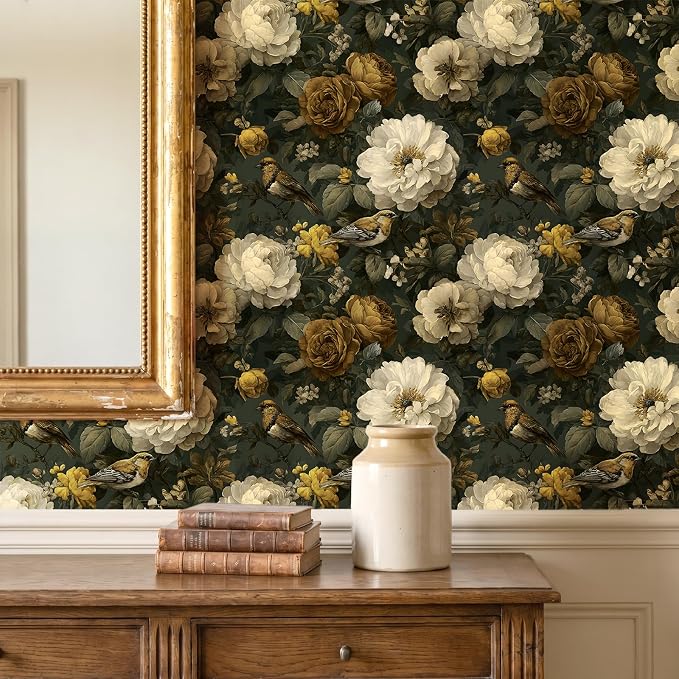 CRE8TIVE Dark Moss Green Floral Peel and Stick Wallpaper Non‑Woven 12"x118" | Vintage Bird Wallpaper Removable Peony Rose Floral Wall Paper Adhesive Contact Paper for Cabinets Drawers Bedroom Bathroom - Image 7