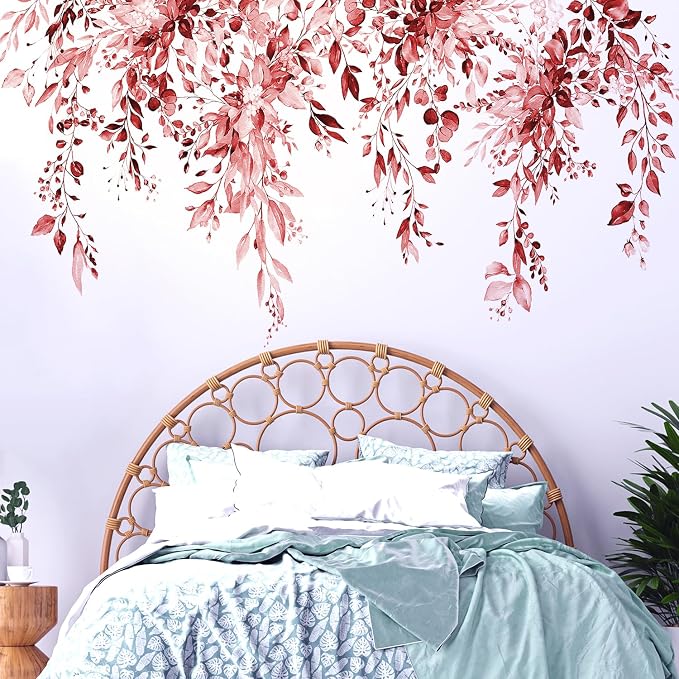 Burgundy Red Plants Leaves Wall Decals Peel and Stick, Large Floral Flowers Vinyl Wall Stickers, Removable Vine Home Decor Art for Bedroom Living Room Classroom Office by VePret