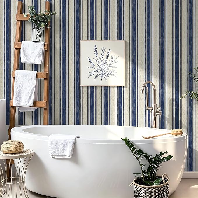 Safiyya Wallpaper Peel and Stick Blue and Cream White Hand-Painted Striped Contact Paper Vintage Wall Paper Self Adhesive Removable Wallpaper for Bedroom Bathroom Vinyl 17.3"×78.7" - Image 7