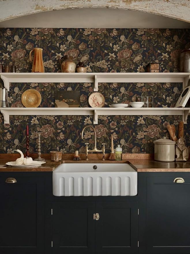 Dimoon Vintage Peel and Stick Wallpaper Dark Blue Floral Contact Paper 16.1"x236" Retro Victorian Dark Academia Wallpaper for Bedroom Moody Cottage Core Wall Paper Removable Waterproof Vinyl Roll - Image 8