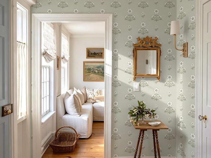 Vintage Floral Wallpaper Floral Peel and Stick Wallpaper for Bathroom 78.7"×17.3" Daisy Wall Paper White and Green Cottagecore Contact Paper for Nursery Kitchen Self-Adhesive Vinyl Waterproof - Image 6