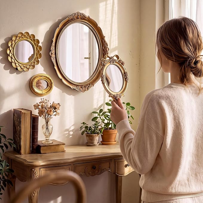 Kathfly 6 Pack Vintage Gold Mirror for Wall Gold Antique Wall Hanging Mirrors for Bedroom Decorative Resin Frame Baroque Style Assorted Sizes Tabletop Tray for Gallery Home Living Room Decor(Mixed) - Image 5