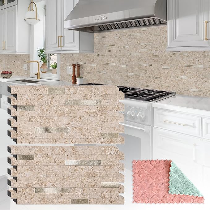 StyloVue 20 Sheets Peel and Stick Backsplash for Kitchen, 2026 Upgraded Classic Travertine Beige with Gold Metal Accents, Stick on Tile for Kitchen Backsplash, RV, Fireplace by StyloVue