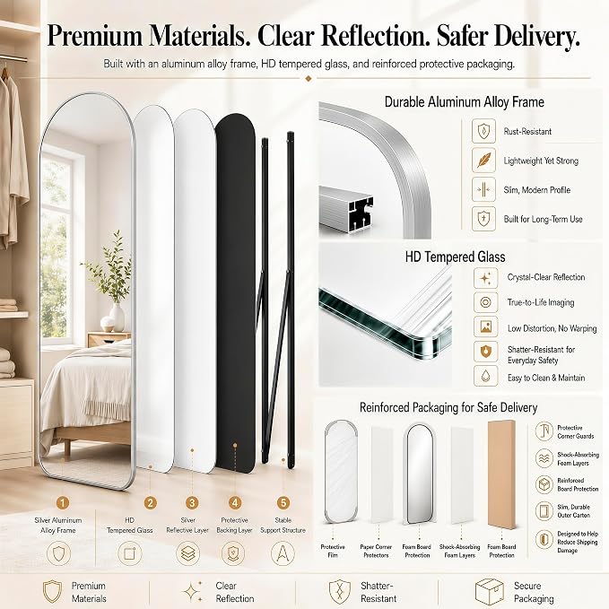 57x20" Full Length Mirror Floor Stand,Over the Door,Wall Mounted Silver - Image 9