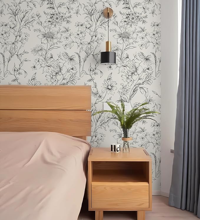 Hopepak 17.3''x197'' Floral Peel and Stick Wallpaper Black and Cream White Contact Paper Self Adhesive Removable Wall Paper for Bedroom Bathroom Cabinet - Image 5
