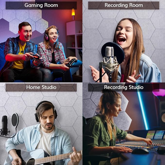 18 Pack Hexagon Acoustic Panels, TONOR 12"x 10"x 0.4" High Density Sound Proof Panels for Walls, Sound Dampening Insulation Treatment Wall Panels, Sound Absorbing Padding for Studio, Office, Home Grey - Image 6