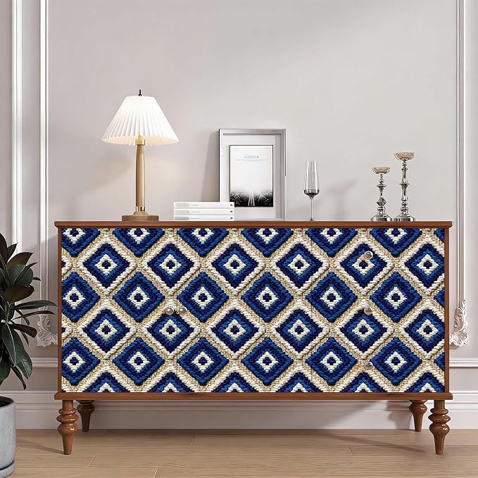 Stickorama Boho Tufted Textured Geometric Fabric Peel and Stick Wallpaper Self Adhesive 17.72" x 118.12'' Navy Blue Rhombus Wall Paper Renter Friendly Removable Waterproof for Living Room Bedroom - Image 6