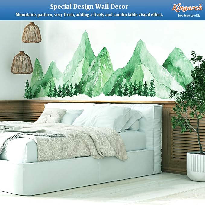 Green Watercolor Mountain Wall Decals Peel and Stick – Scenic Forest Range Mural Pine Trees, Boho Nature Landscape Vinyl Sticker for Bedroom, Nursery, Living Room – Removable DIY Wall Decor Art - Image 2