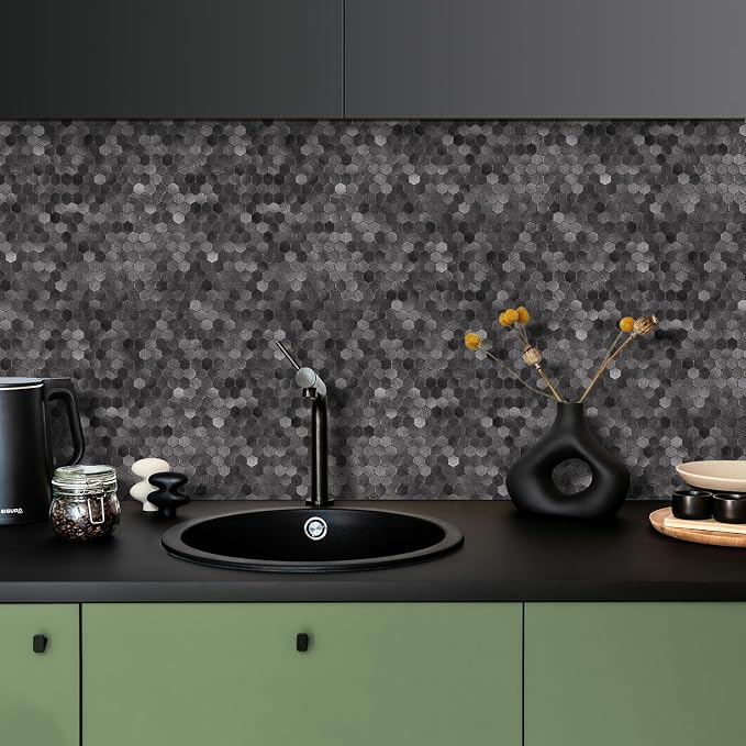 Select 5 Pack Hexagon Peel and Stick Backsplash Tiles, Brushed Black | Self Adhesive Metal Backsplash Stick On Aluminum Tiles for Kitchen Bathroom, 12” x 12” Wall Tiles w/10 Edge Pieces - Image 8