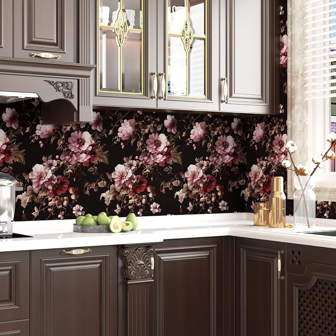 Laatse Dark Floral Brown Wallpaper Peel and Stick17.5 × 393", Black Pink | Self Adhesive/Removable/Waterproof/Thick Vinyl Contact Paper for Bathroom Bedroom Shelf Cabinet Drawer,Prepasted,Easy Peel - Image 6