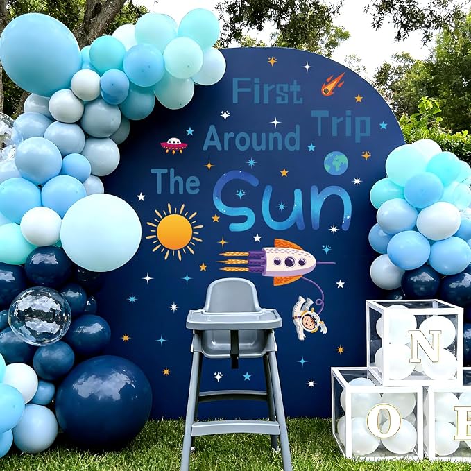 LHIUEM First Trip Around The Sun Birthday Stickers Astronaut Rocket Outer Space Murals for Baby Boy Shower 1ST Trip Around The Sun Decals Blue Planets Theme Birthday Wall Decor for Party Arch Backdrop - Image 6