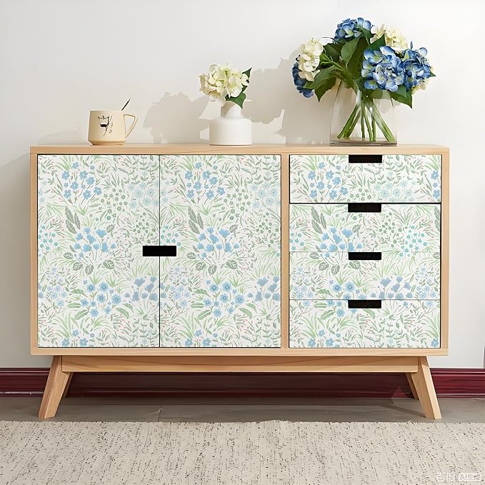 SOON AFTER Blue Boho Neutral Floral Peel and Stick Wallpaper, 17.3" x 118" Removable & Waterproof Vinyl Wallpaper, Flower Self-Adhesive Contact Paper for Nursery Bedroom Cabinets - Image 6