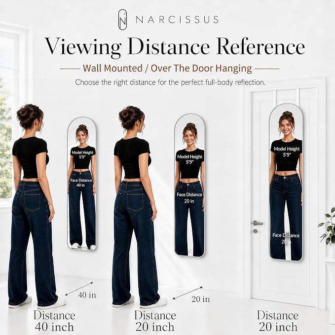 NARCISSUS Over the Door Full Length Mirror 47x14 Inch, Wall Mounted Dressing Mirror, Door Hanging Full Body Mirror HD Reflection Glass for Bedroom, Aluminum Alloy Frame Silver - Image 6