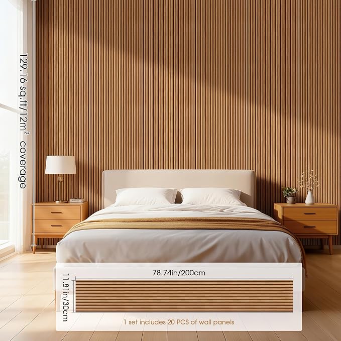 PS Wood Slat Wall Panels for Interior Wall Decor,20-Pack | 78.74 x 11.81 in, Covers 129 sq.ft, Lightweight Self-Adhesive Wall Panels, 3D Wainscoting Wall Covering - Teak - Image 2