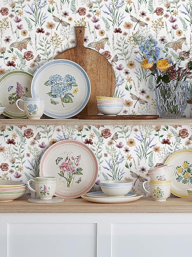Orainege Vintage Peel and Stick Wallpaper Floral Wallpaper Self Adhesive | 16.9in x 118.1in Butterfly Wall Paper for Bedroom Bathroom Cabinets Decor Removable Vinyl Roll - Image 3