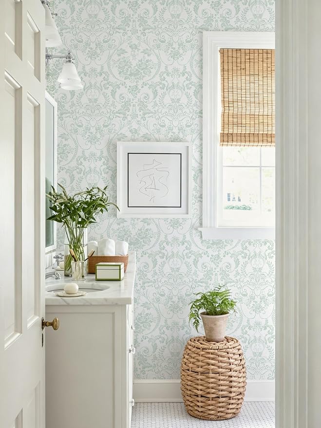 Ismoon Peel and Stick Wallpaper Green Contact Paper 17.3in x 32.8ft Vintage Floral Wallpaper Boho Damask Removable Textured Wall Paper for Bedroom Bathroom Shelf Cabinet Décor - Image 2