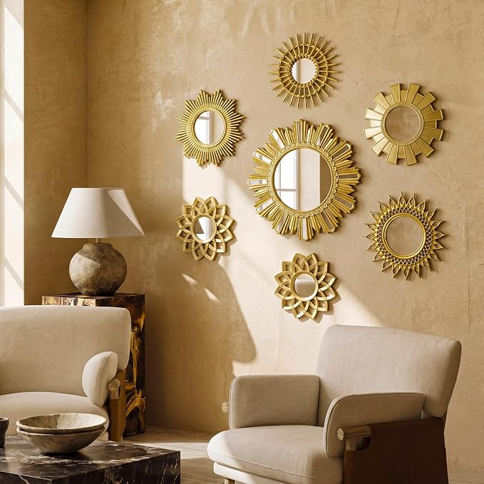 Gerrii 7 Pcs Gold Sunburst Mirror for Wall Decorative Gold Mirrors for Wall Decor Vintage Mirror Sets Hanging Round Decorative Mirrors Accessories for Art Entryway Living Room Home Decor Art Gifts - Image 2