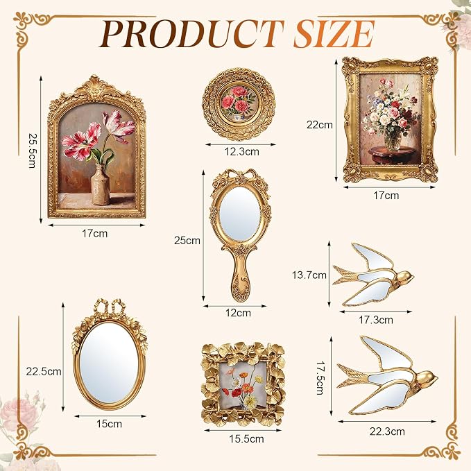 Novabright 8 Pcs Vintage Gold Picture Frame Wall Mirror Decor Set for Gallery, Small Antique Gold Mirror Luxury Ornate Pohot Frames for Wall Table Display(Farmhouse) - Image 2