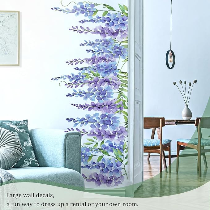 Purple Flowers Wall Decals Peel and Stick, Large Wisteria Floral Vinyl Wall Stickers, Removable Vine Home Decor Art for Bedroom Living Room Classroom Office - Image 7