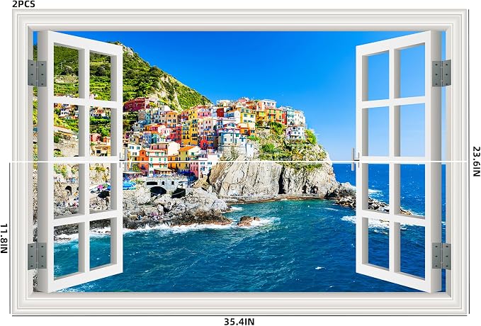 Self-Adhesive Wall Sticker Romantic Living Room Bedroom Study Office Decorative Wall Sticker Ocean Scenery Fake Window Sticker Mural (sea City, 23.6"×35.4") - Image 2